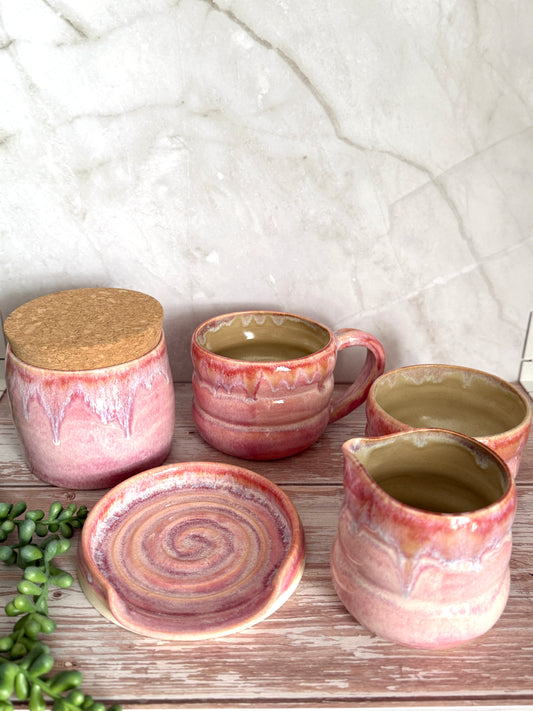 Handmade Pink Ceramic Kitchen Set – Mug, Jar, Jug, Small Bowl & Spoon Rest