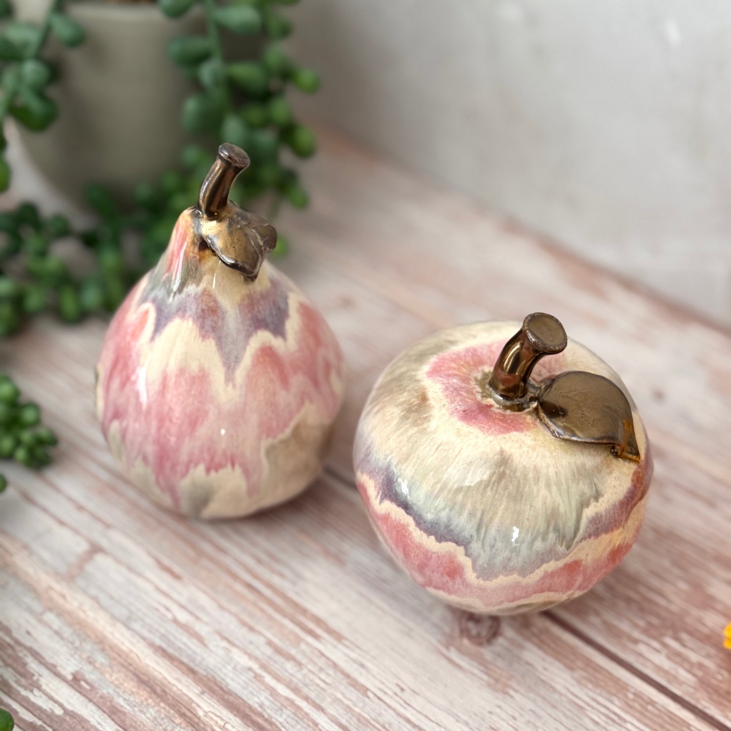 Small Apple & Pear Duo in Blush Marble Glaze