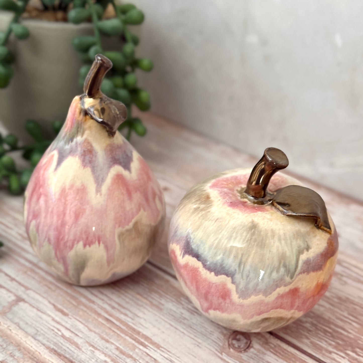 Small Apple & Pear Duo in Blush Marble Glaze