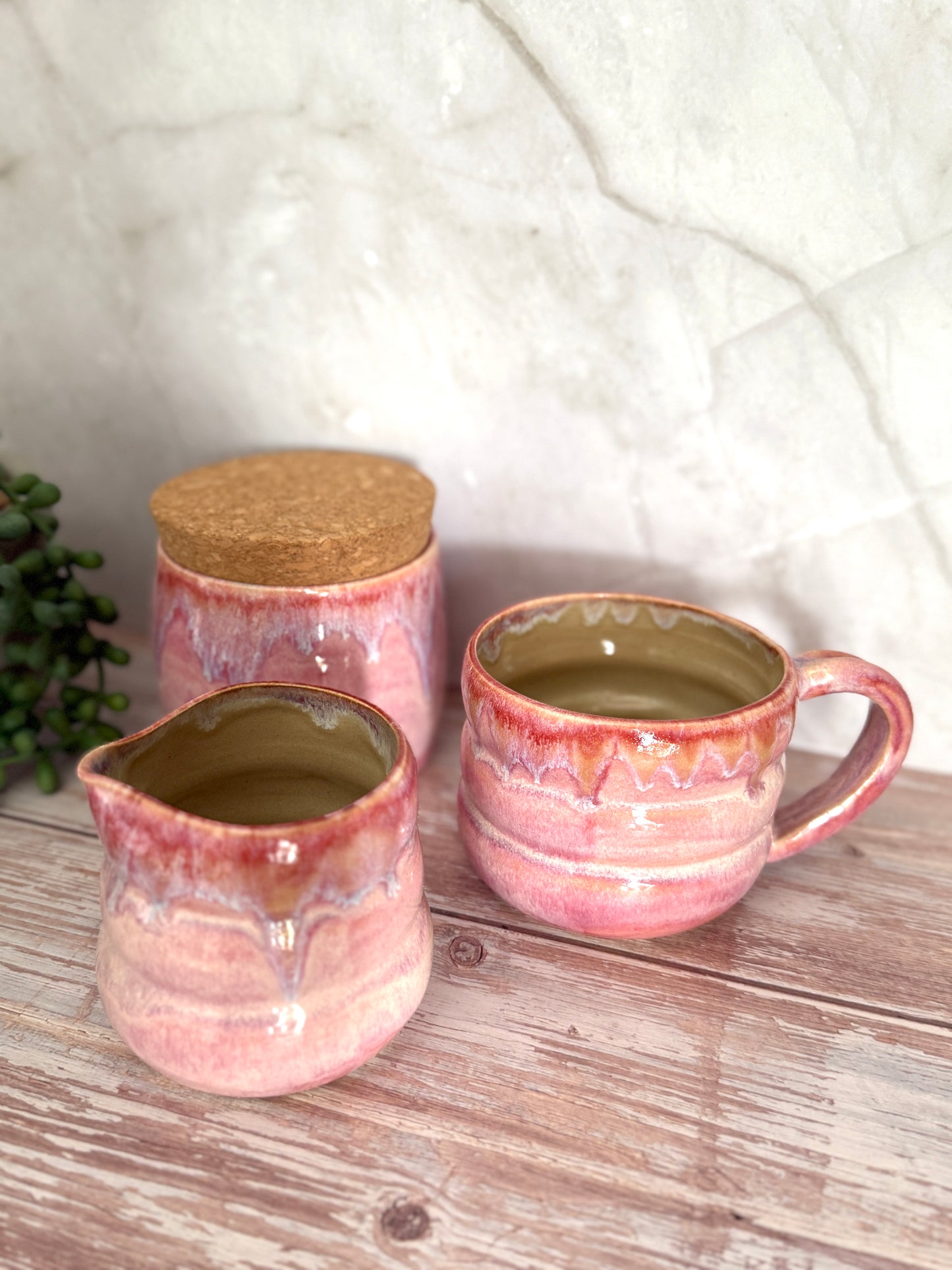 Handmade Pink Ceramic Kitchen Set – Mug, Jar, Jug, Small Bowl & Spoon Rest